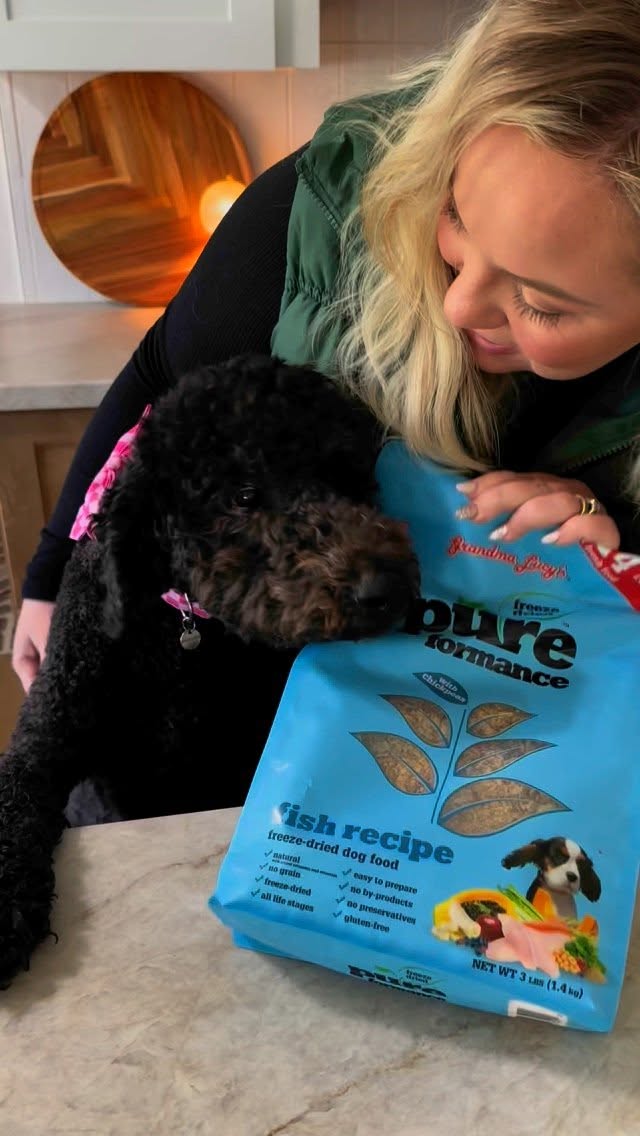 Instagram post by @reneeturner.home for Grandma Lucy's. Caption reads: #ad @grandmalucys Pureformance freeze dried dog....