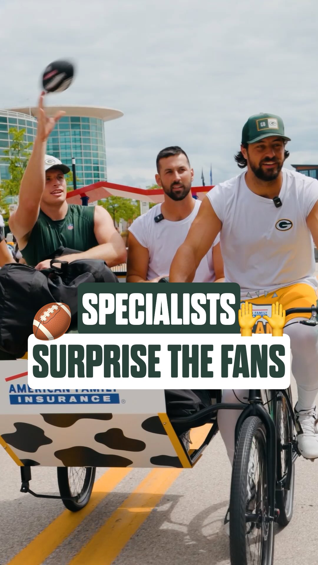 Instagram post by @thekidmcmanus for American Family Insurance. Caption reads: Three Guys, One Bike. The specialists decided to....