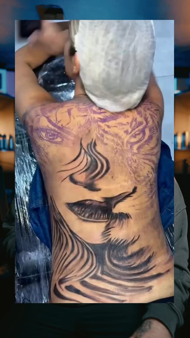 Instagram post by @chrisravage for Dragonhawk Official. Caption reads: Take your time man #tattoo #backtattoo....