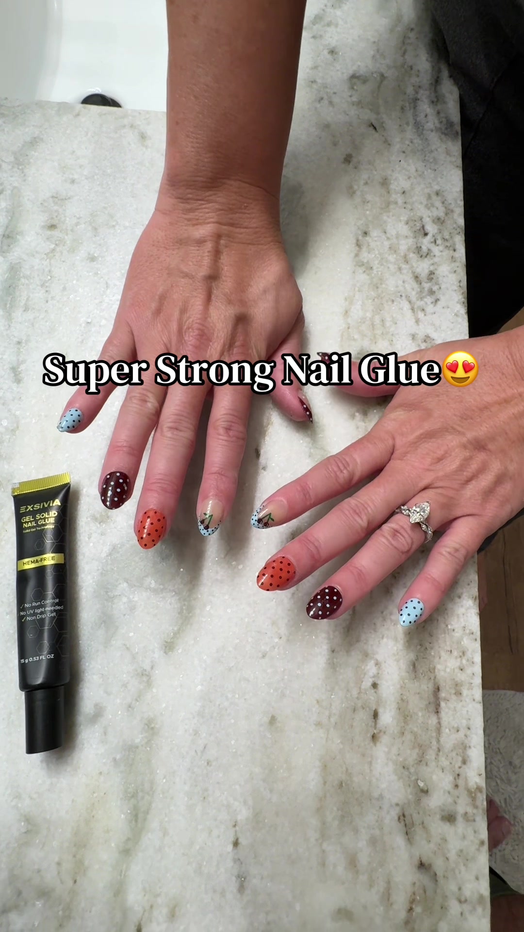 TikTok post by @funnylinz for Exsivia. Caption reads: Super strong semi solid nail glue by @EXSIVIA 😍....
