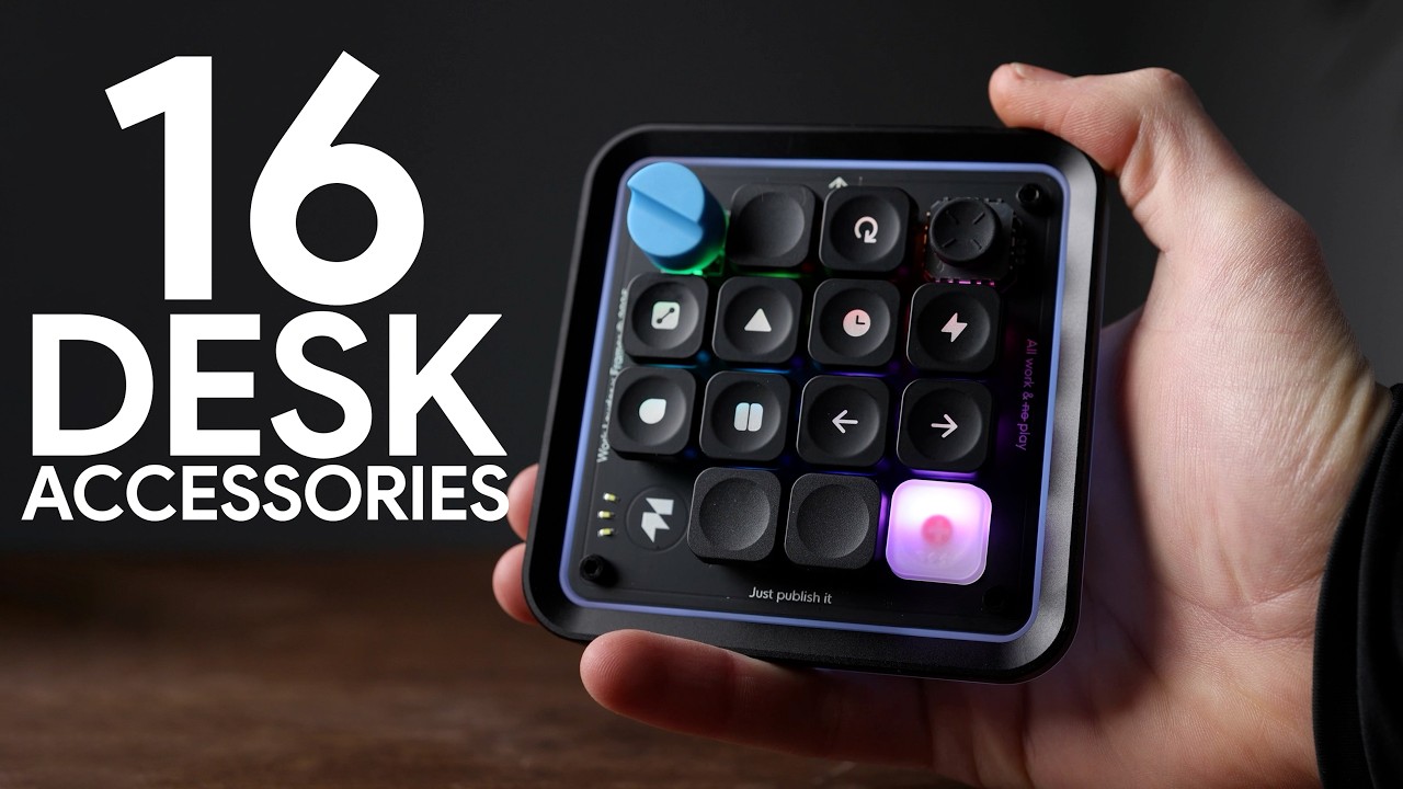 YouTube post by @MikeOBrienMedia for Thingiverse. Caption reads: My 16 Favorite Desk Accessories (Desk Setup....