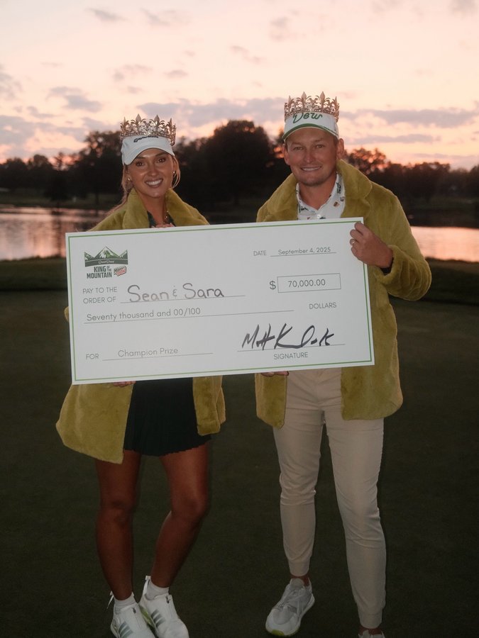 Instagram post by @saramwinter for Good Good Golf. Caption reads: Your winners of the King of the Mountain,....