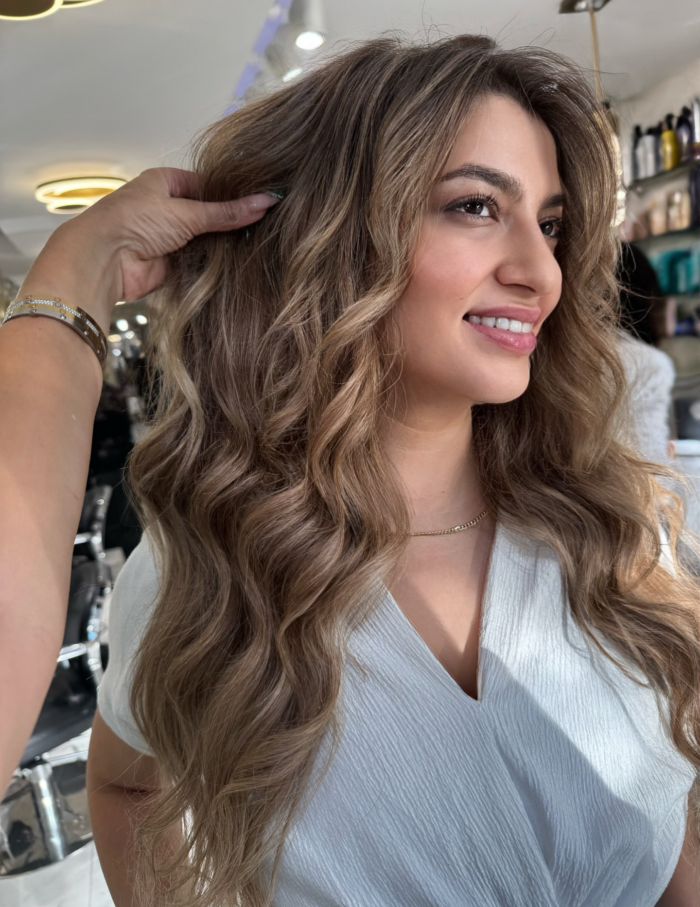Instagram post by @lana_kurayeva for MODERN SALON. Caption reads: Beige ash pearl perfection ✨ AirTouch magic for....