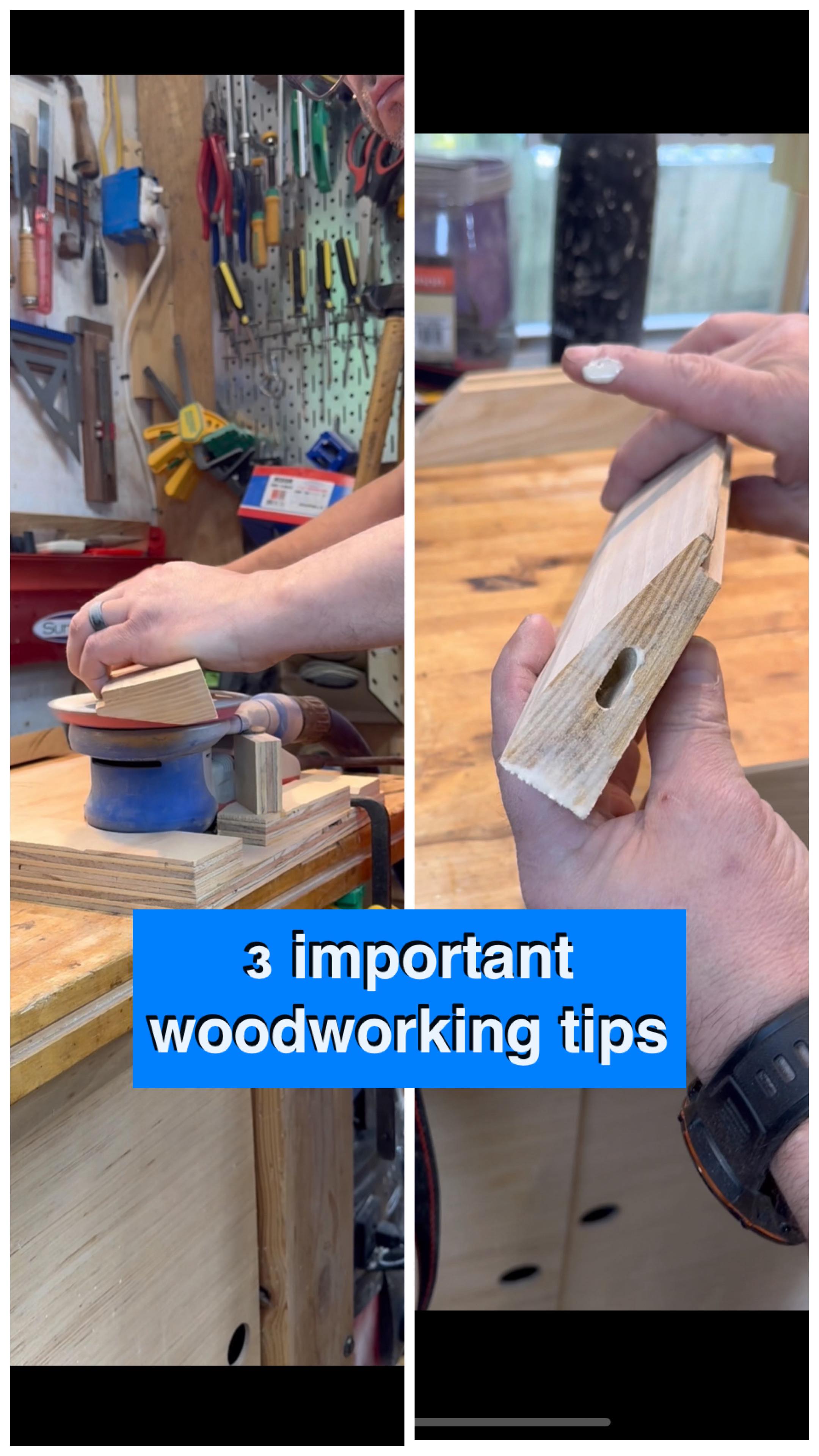 Instagram post by @newmanspecialswoodwork for SurfPrep sanding. Caption reads: 3 important woodworking tips in one video! i love....