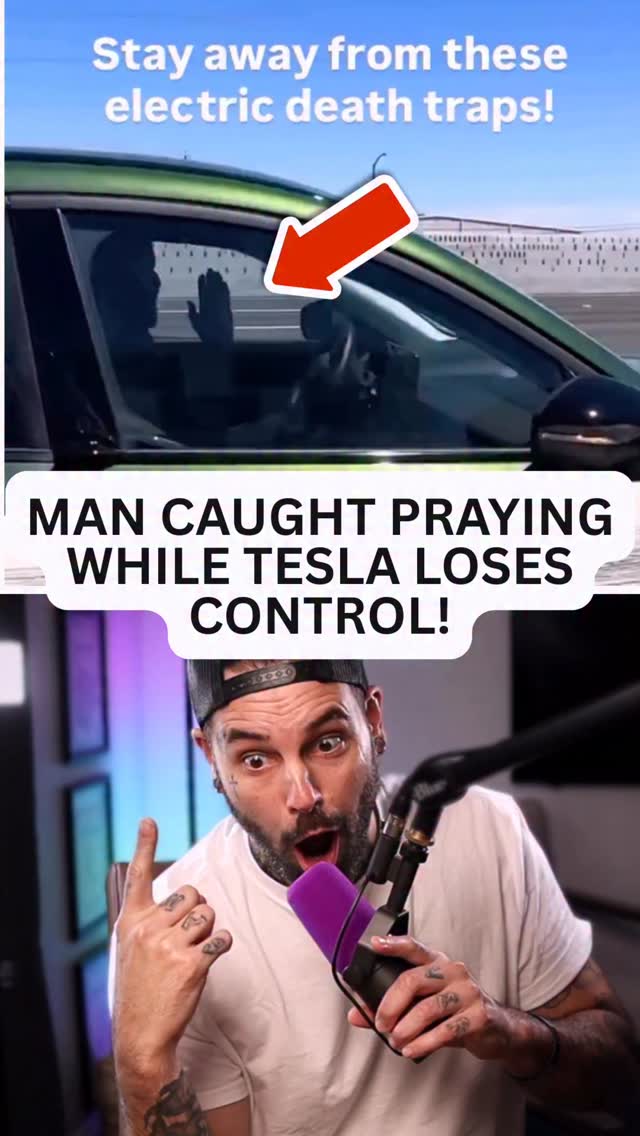Instagram post by @jesse.s.bean for Tesla. Caption reads: Man caught praying in his electric car as it goes....