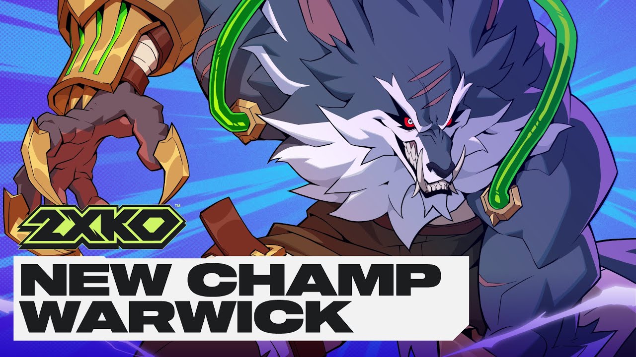 YouTube post by @2XKO for Riot Games. Caption reads: Warwick Gameplay Reveal Trailer | 2XKO.