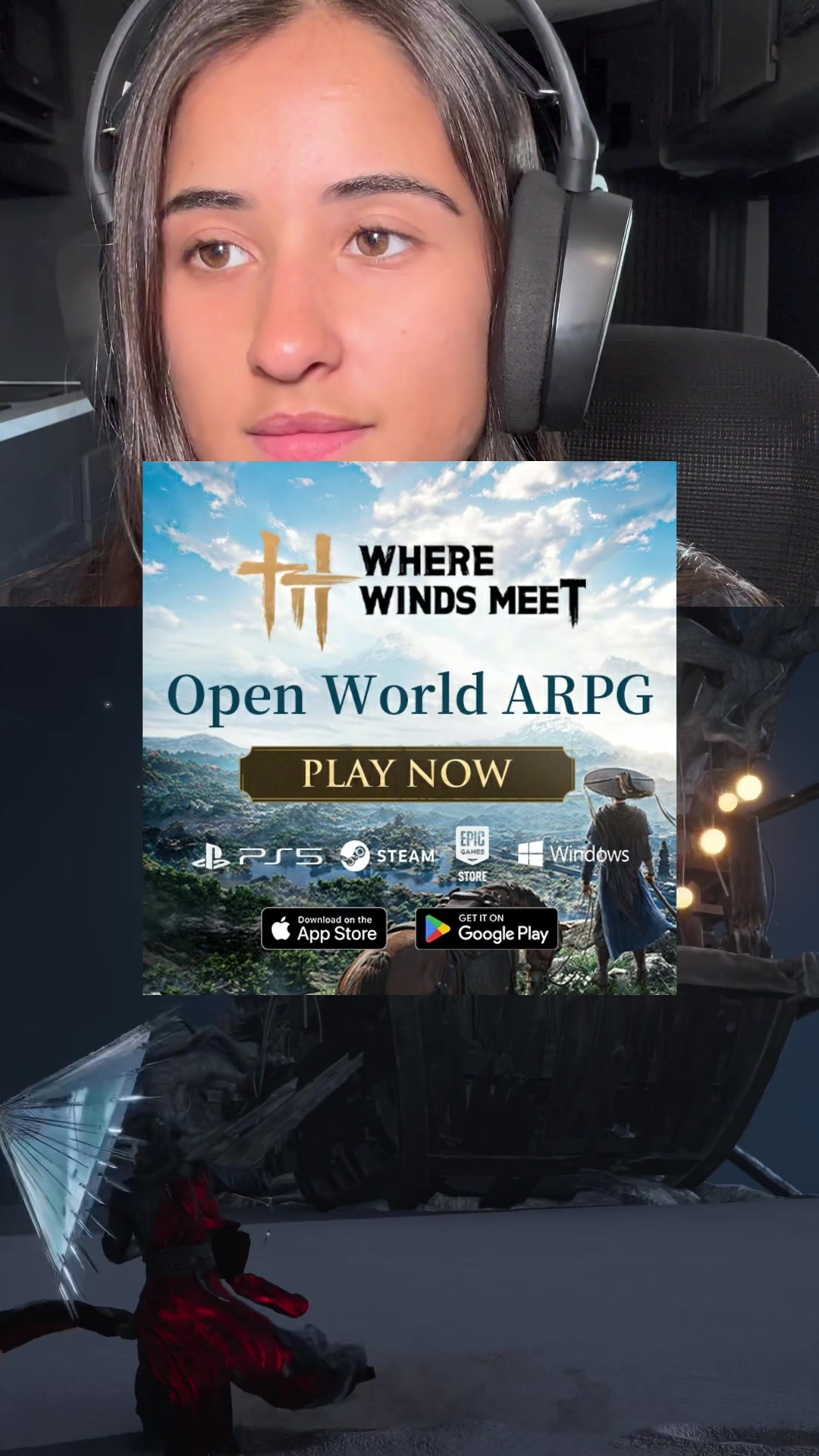 TikTok post by @katferreiraf for Where Winds Meet. Caption reads: Exploring the new expansion in @wherewindsmeet_....