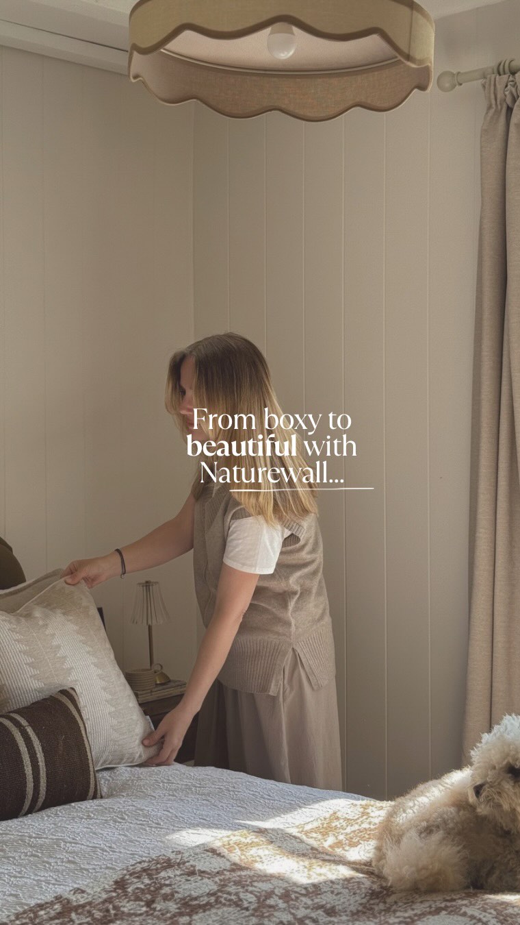 Instagram post by @ninageeathome for Naturewall. Caption reads: ad. From boxy to beautiful…💕
The bedroom is....