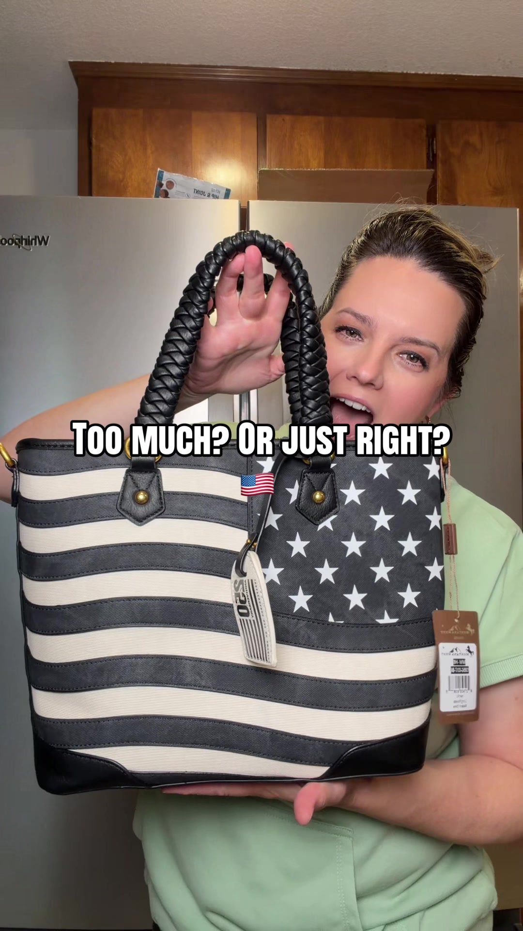 TikTok post by @kimmysgonecrazy for Vaqueras Outfitters. Caption reads: Never too much 🇺🇸 @Vaqueras Outfitters #america....