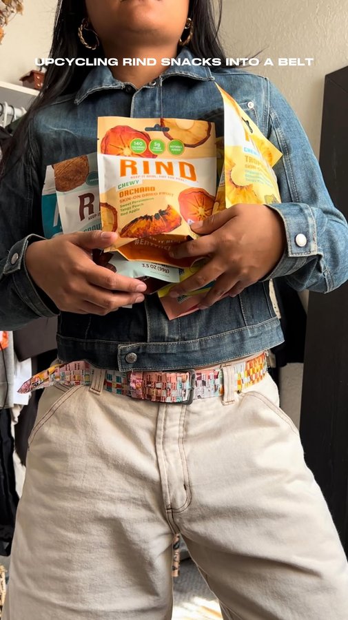 Instagram post by @ysabelhilado for RIND Snacks. Caption reads: Made a woven belt out of @rindsnacks bags for....