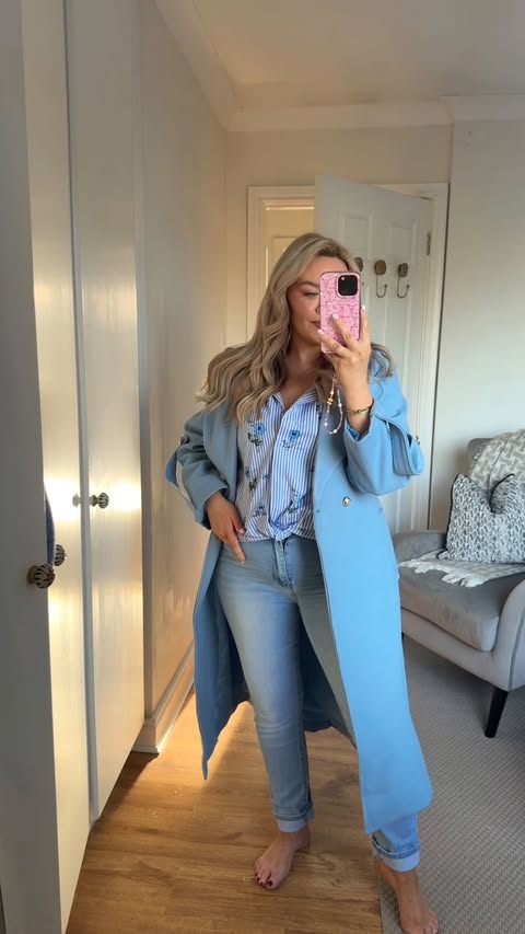 Instagram post by @laurenegerton for Carraig Donn. Caption reads: Both the skies and the outfits are becoming blue....