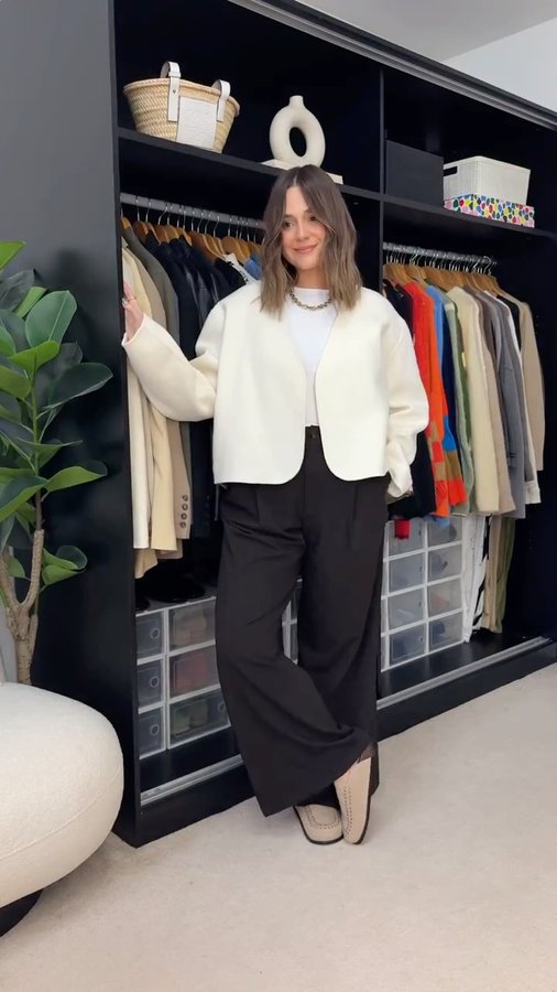 Instagram post by @charissarae for Theory. Caption reads: Autumn Outfits: Are you team neutral or colour?....