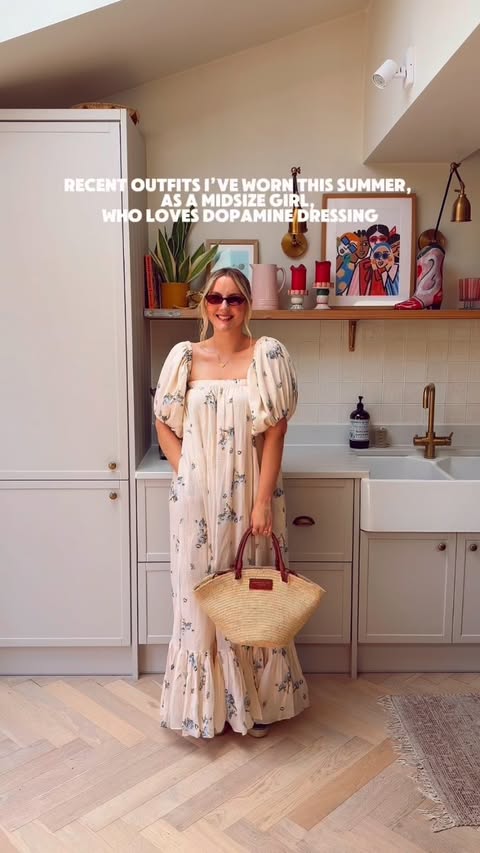 Instagram post by @leannedopaminedressing for White Stuff. Caption reads: Recent outfits I’ve worn this summer, as a midsize....