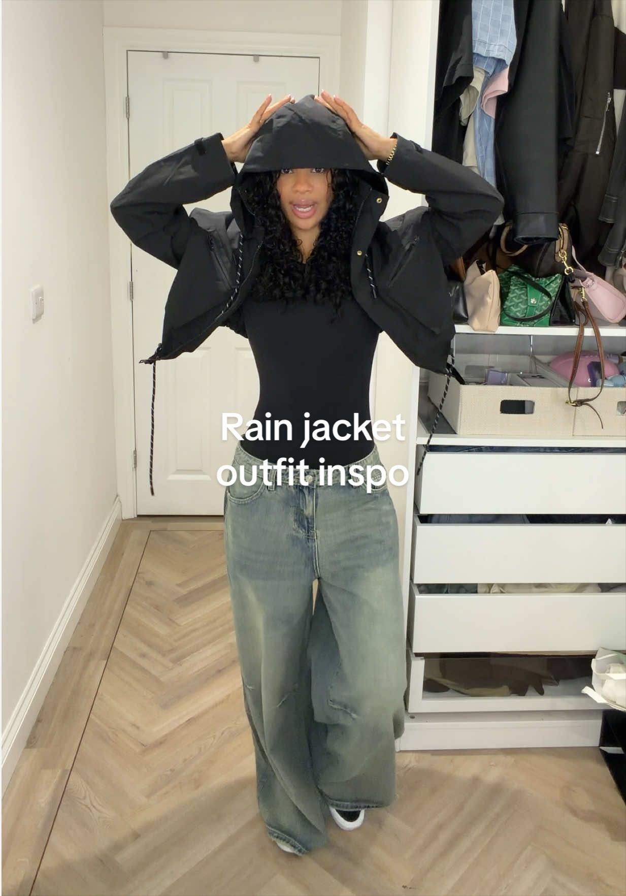 TikTok post by @ree.ksl for PUFFIT. Caption reads: Rain jacket outfit inspiration ☁️ @puffit.official....