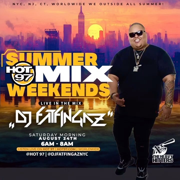 Instagram post by @djfatfingaznyc for HOT 97. Caption reads: [...] (NEW PRESS PICS IN SEPT) LIVE ON @HOT97....