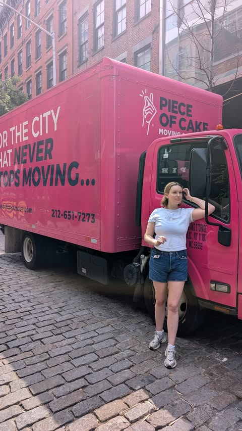 Instagram post by @coworkcourt for Piece of Cake Moving & Storage®. Caption reads: Moving vlog! Finally set up in my Brooklyn....
