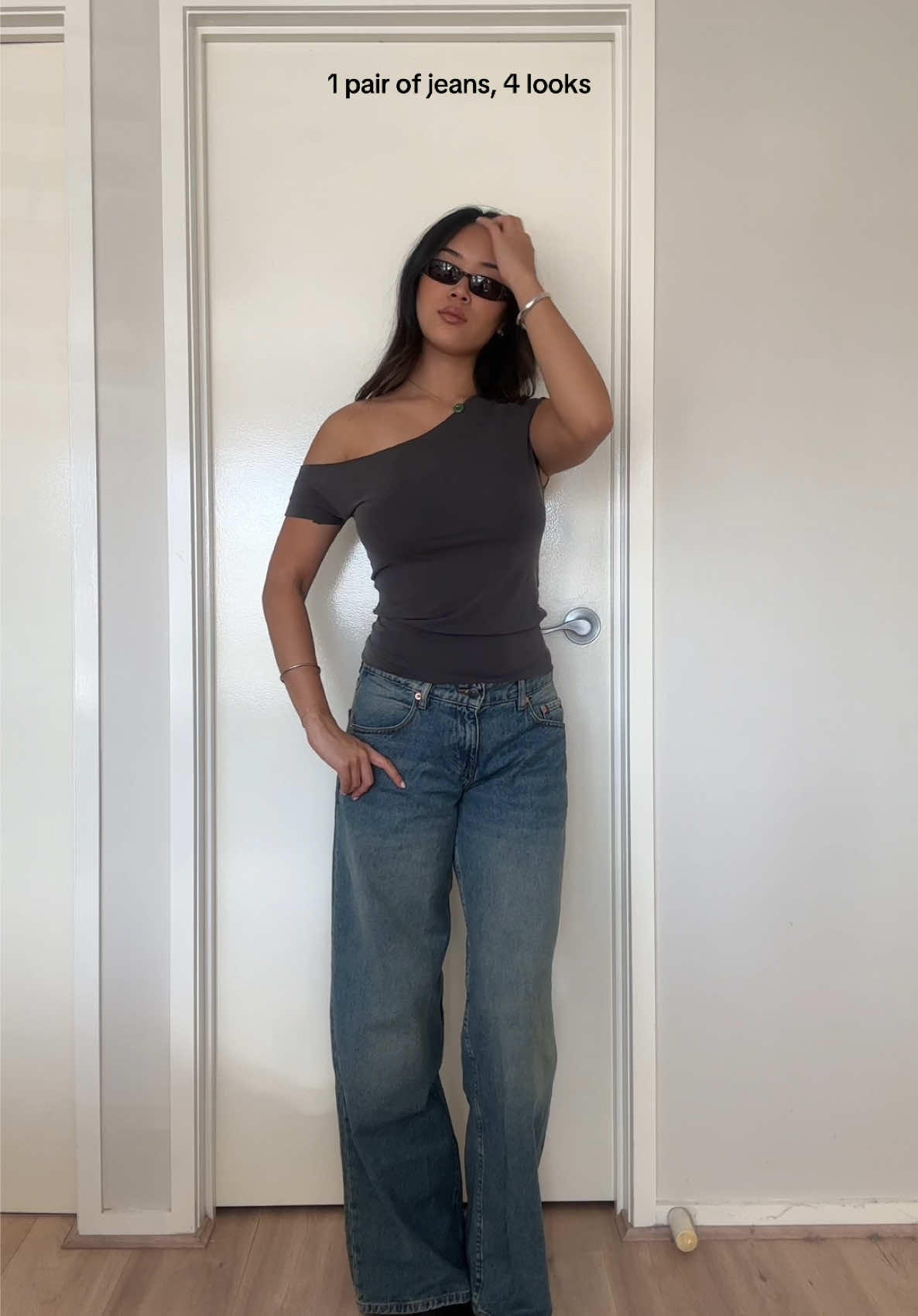 TikTok post by @emilynguynn for MOTEL. Caption reads: The perfect low rise jeans! All pieces are from....