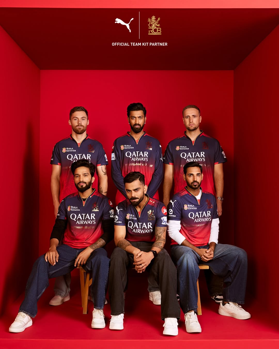 Instagram post by @royalchallengers.bengaluru for PUMA India. Caption reads: If aura was a team 👑 @royalchallengers.bengaluru....