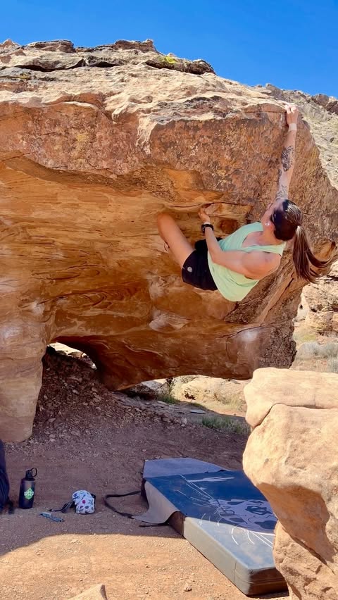 Instagram post by @fallonclimbs for Stio. Caption reads: [...] Right V5, Moe’s Valley UT Also thank you....