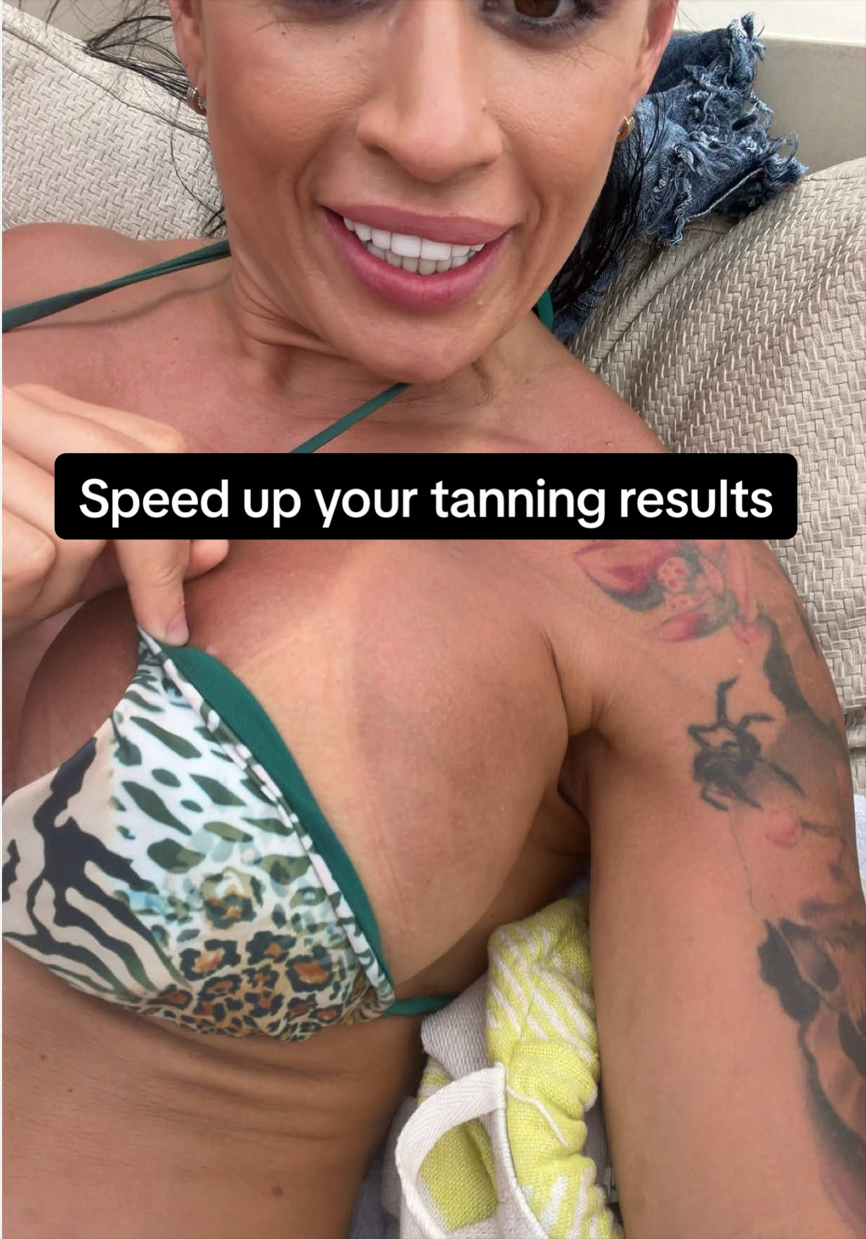 TikTok post by @evaangelina.shoptv for Carroten Greece. Caption reads: 2 hour tanning and lounging update! Looks like....