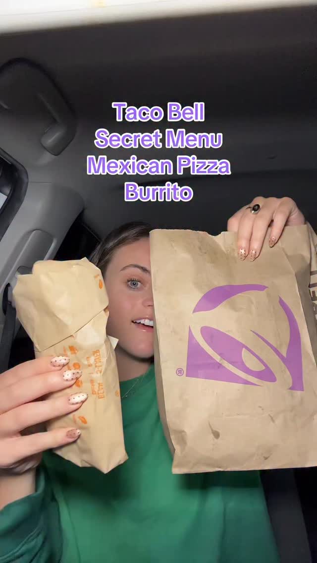 Instagram post by @sarahmargareteats for Taco Bell. Caption reads: Taco Bell Secret Menu Mexican Pizza Burrito....