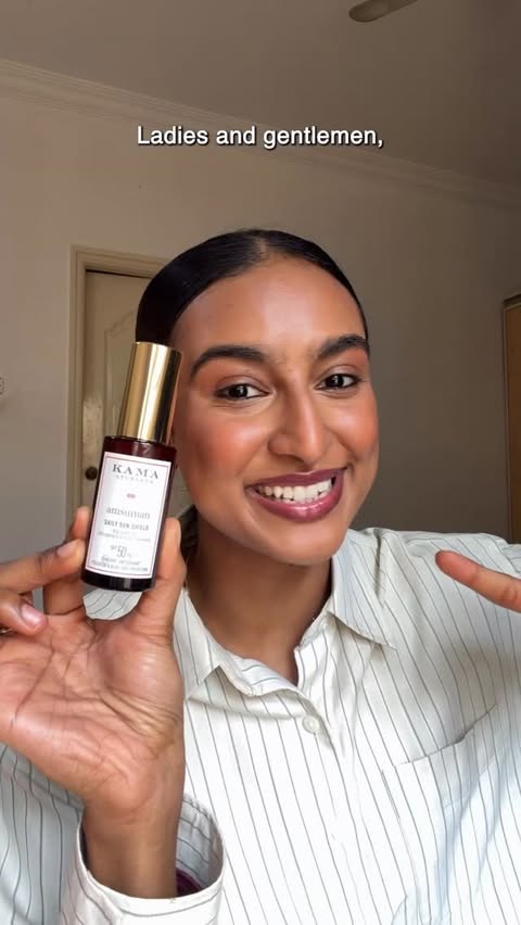 Instagram post by @rida.tharanaa for Kama Ayurveda. Caption reads: [...] new Ansuman Sun Shield SPF 50 from....
