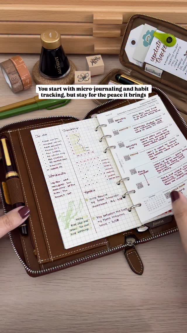 Instagram post by @fer_plans for Filofax. Caption reads: 🌿 Micro-journaling and habit tracking help me see....