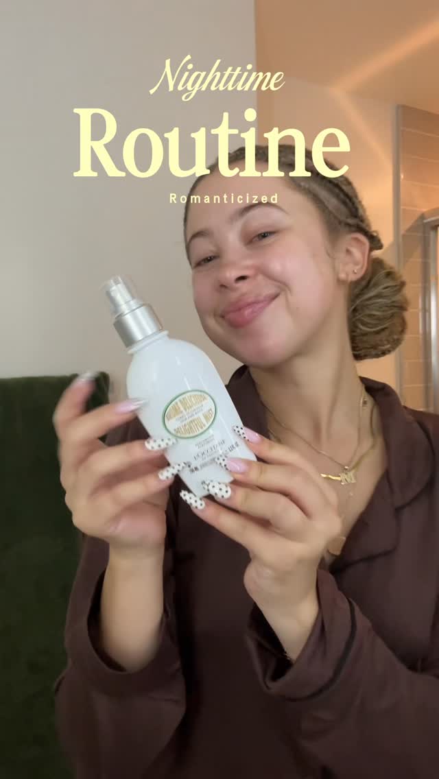 Instagram post by @themaliaelaine for LOCCITANE. Caption reads: My romanticized nighttime routine that I look....
