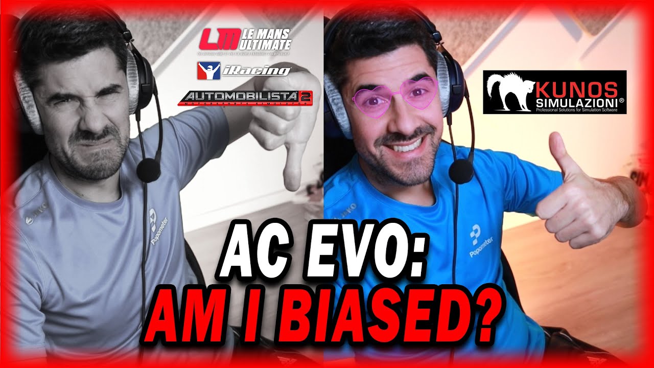 YouTube post by @SimracingPopometer for SIMUCUBE. Caption reads: Big News, but does THIS make me BIASED? (Yes and....