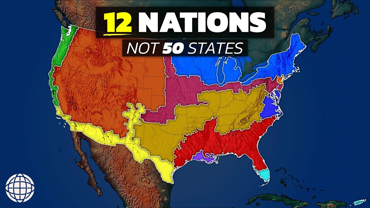 YouTube post by @GeographyByGeoff for Storyblocks. Caption reads: Why The US Is Really 12 Nations (Not 50 States).