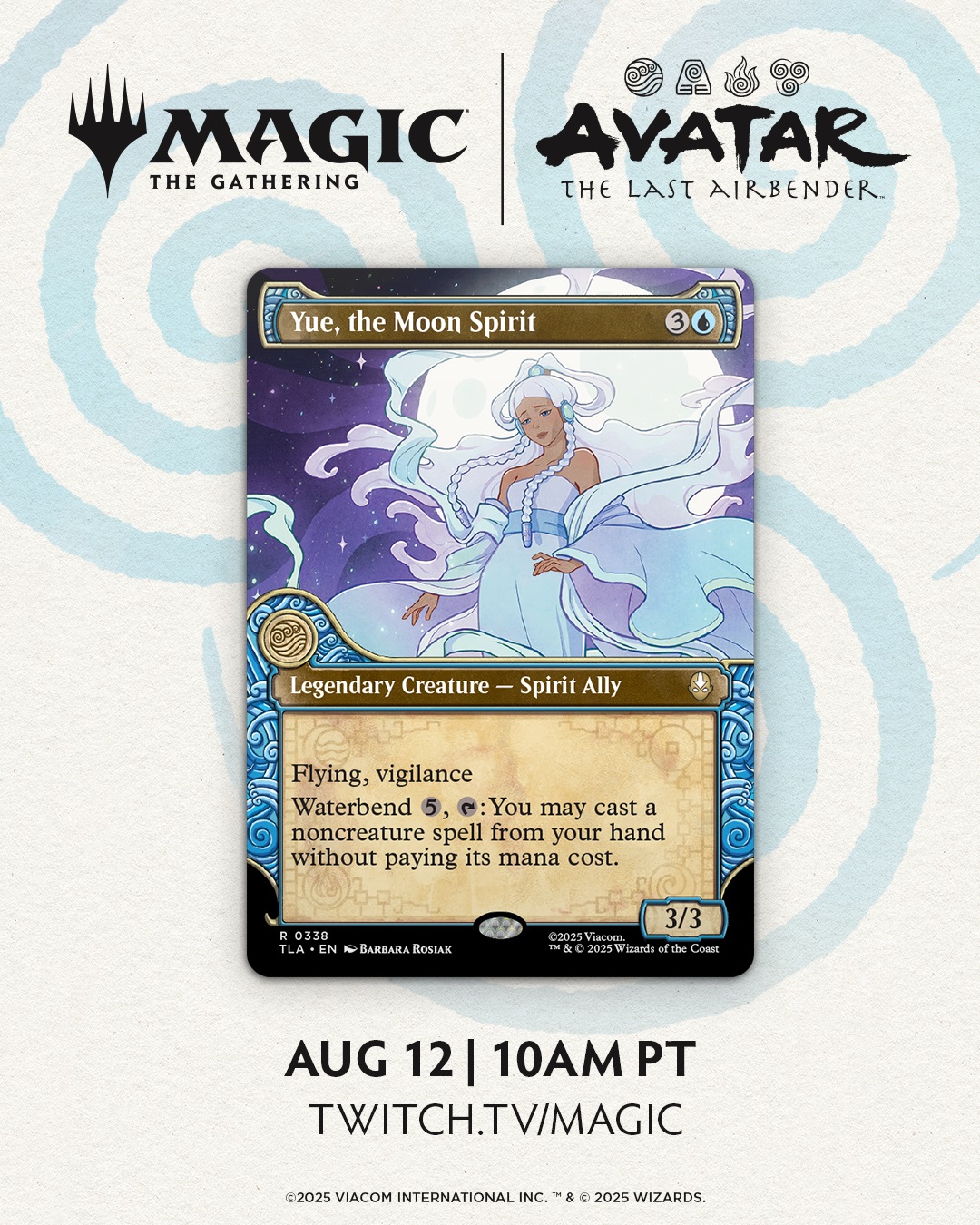 Instagram post by @avatarlegends for Magic: The Gathering. Caption reads: Introducing Yue, the Moon Spirit. Join us at the....