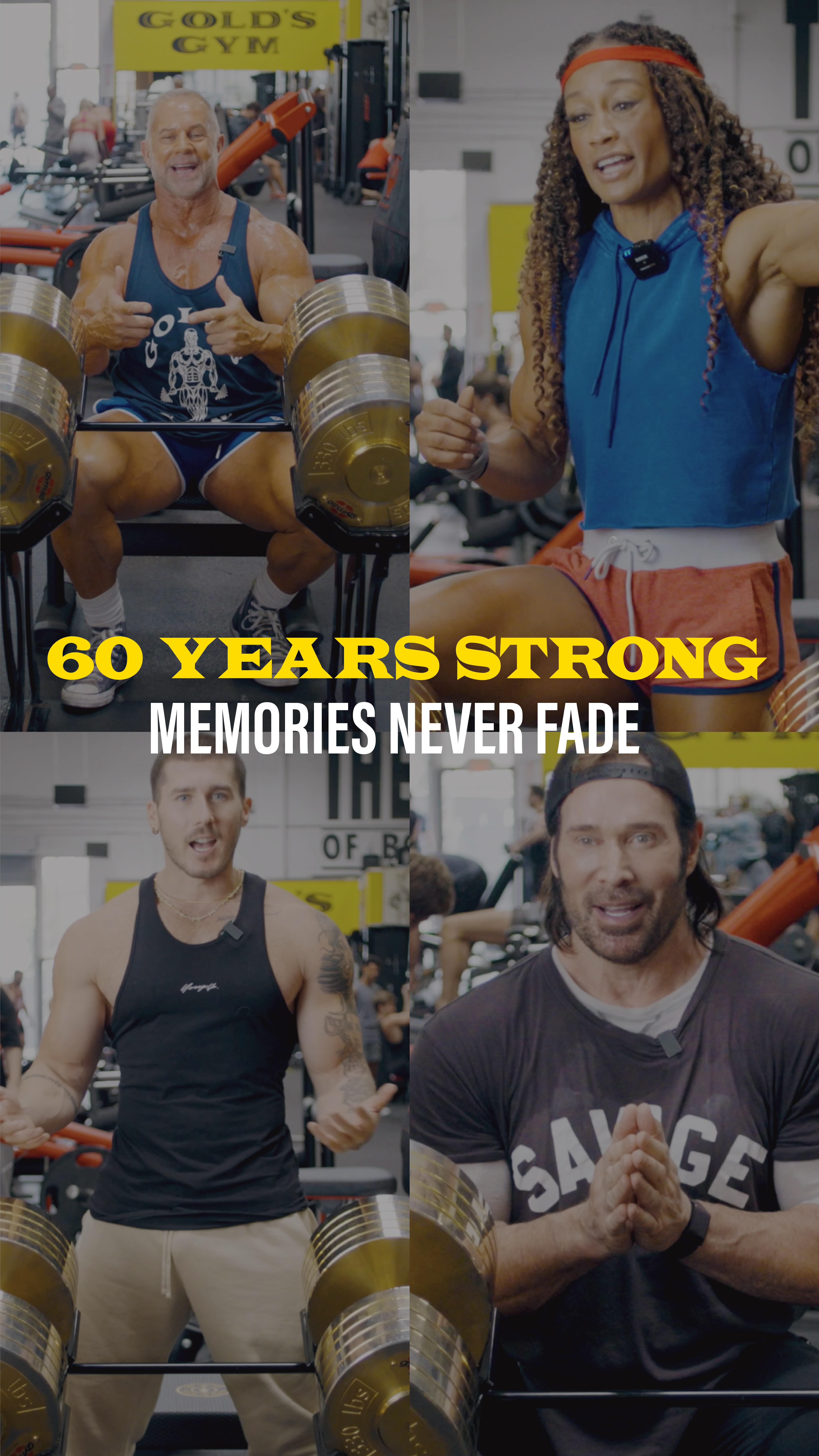 Instagram post by @trainwithquan for Gold's Gym. Caption reads: 60 years of memories. 60 years of friendship. 60....