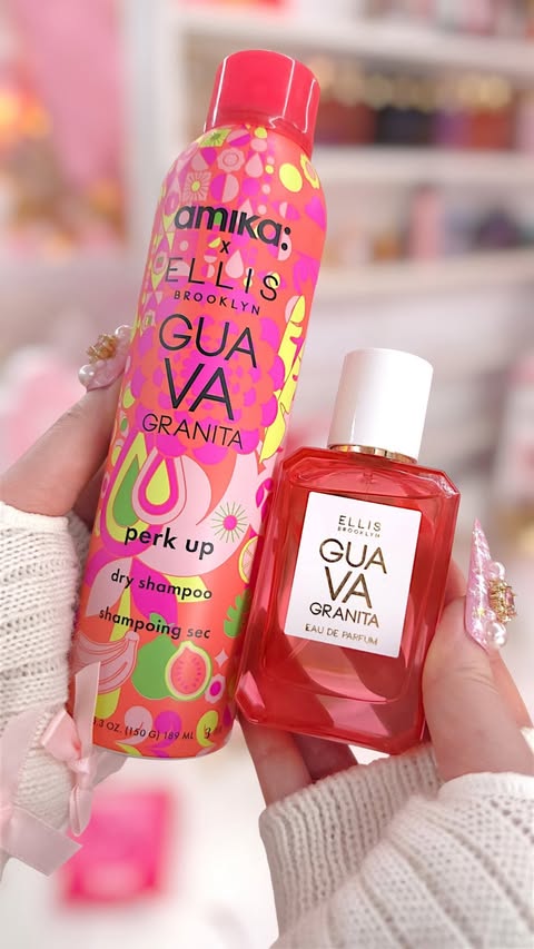 Instagram post by @glamfragranceaddict for ELLIS BROOKLYN. Caption reads: [...] haircare routine. 🌴🍌🥭✨ @amika and....