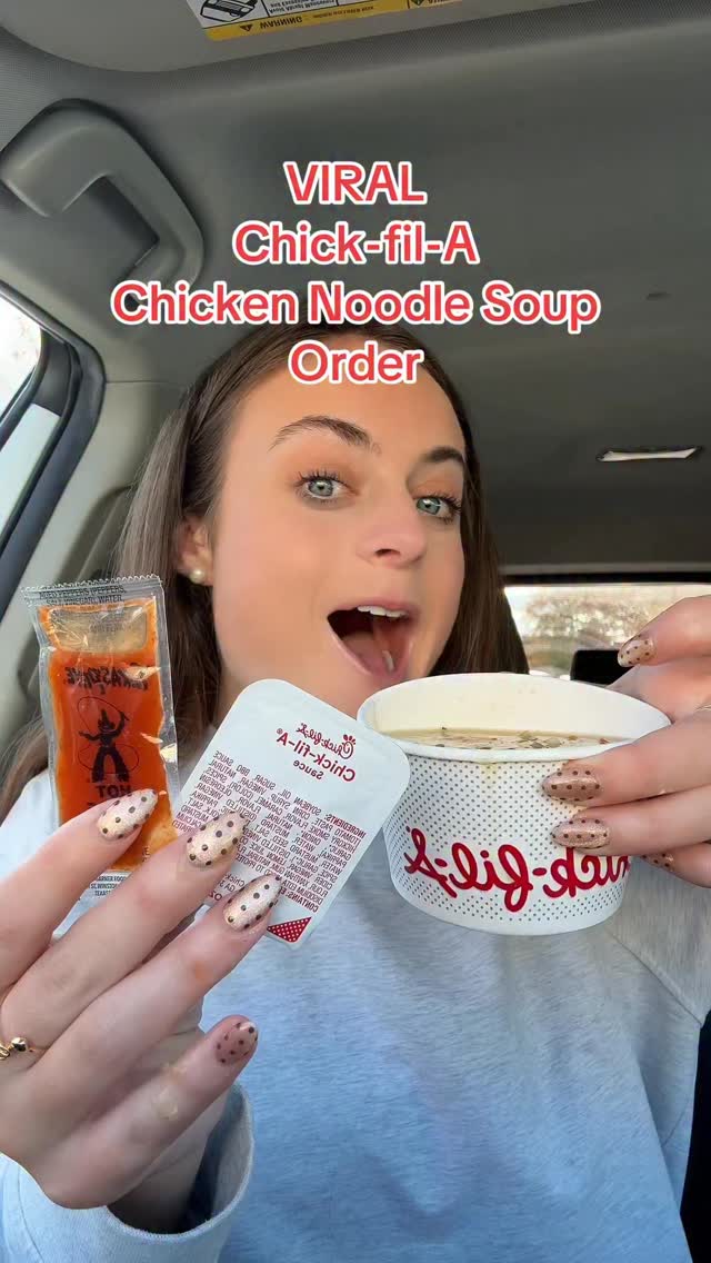 Instagram post by @sarahmargareteats for Chick-fil-A. Caption reads: VIRAL Chick-fil-A Chicken Noodle Soup Order....