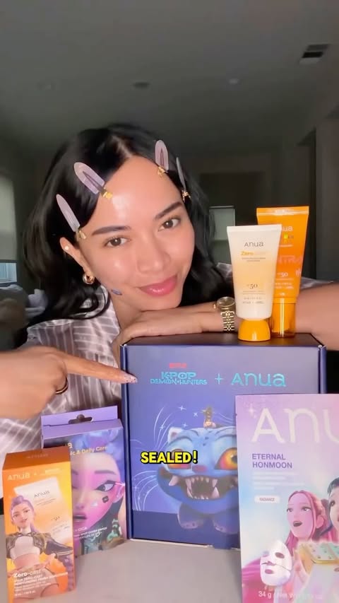 Instagram post by @thatsheart for Anua. Caption reads: THE LAST ITEM IS SO CUTE 🥹💜 The Anua x K-Pop....