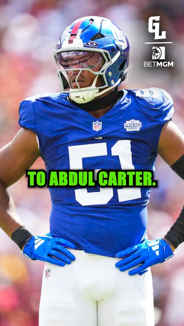 Instagram post by @greenlightpod for BetMGM. Caption reads: Abdul Carter and this Giants D-line is a PROBLEM....