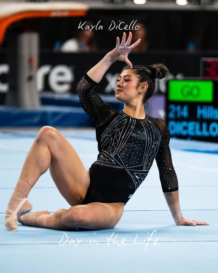 Instagram post by @kayladicello for GK Elite. Caption reads: a day in the life of @kayladicello on her first....