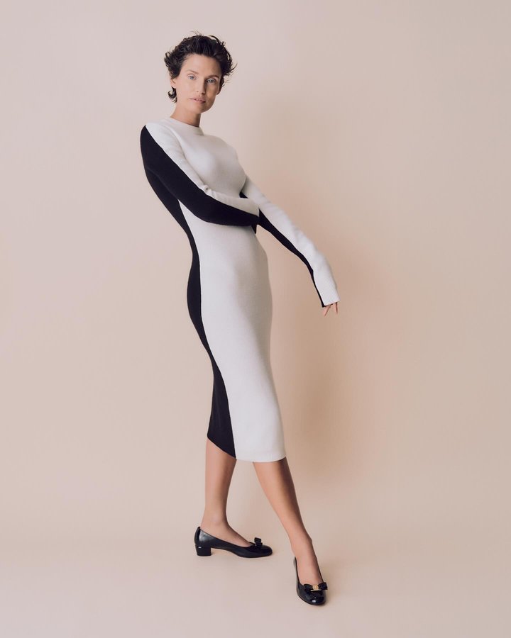 Instagram post by @biancabalti for FERRAGAMO. Caption reads: A study in contrast: soft and structured, timeless....