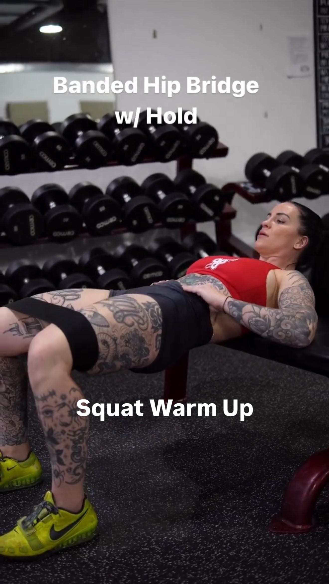 Instagram post by @krispy_kremez for BSN. Caption reads: SQUAT WARMUP 🔥 save for later

The goal: have....