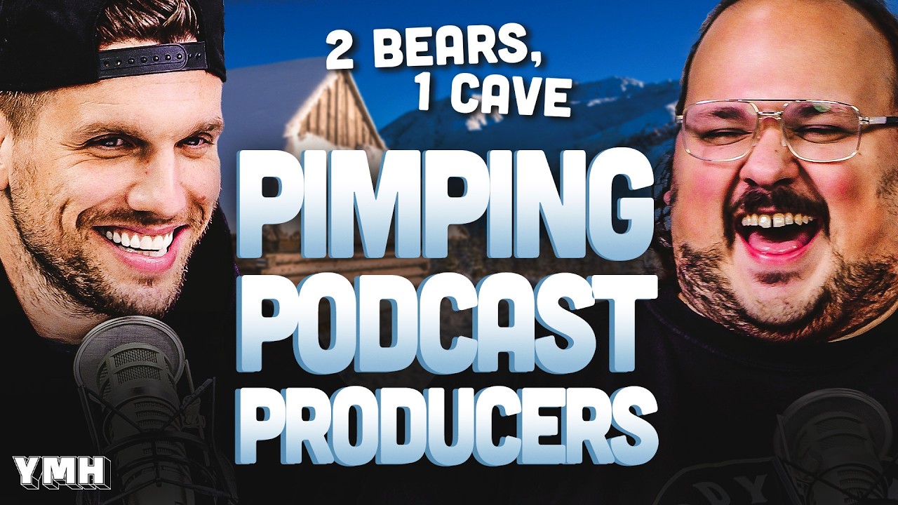 YouTube post by @YMHStudios for Huel. Caption reads: Pimping Podcast Producers | 2 Bears, 1 Cave.