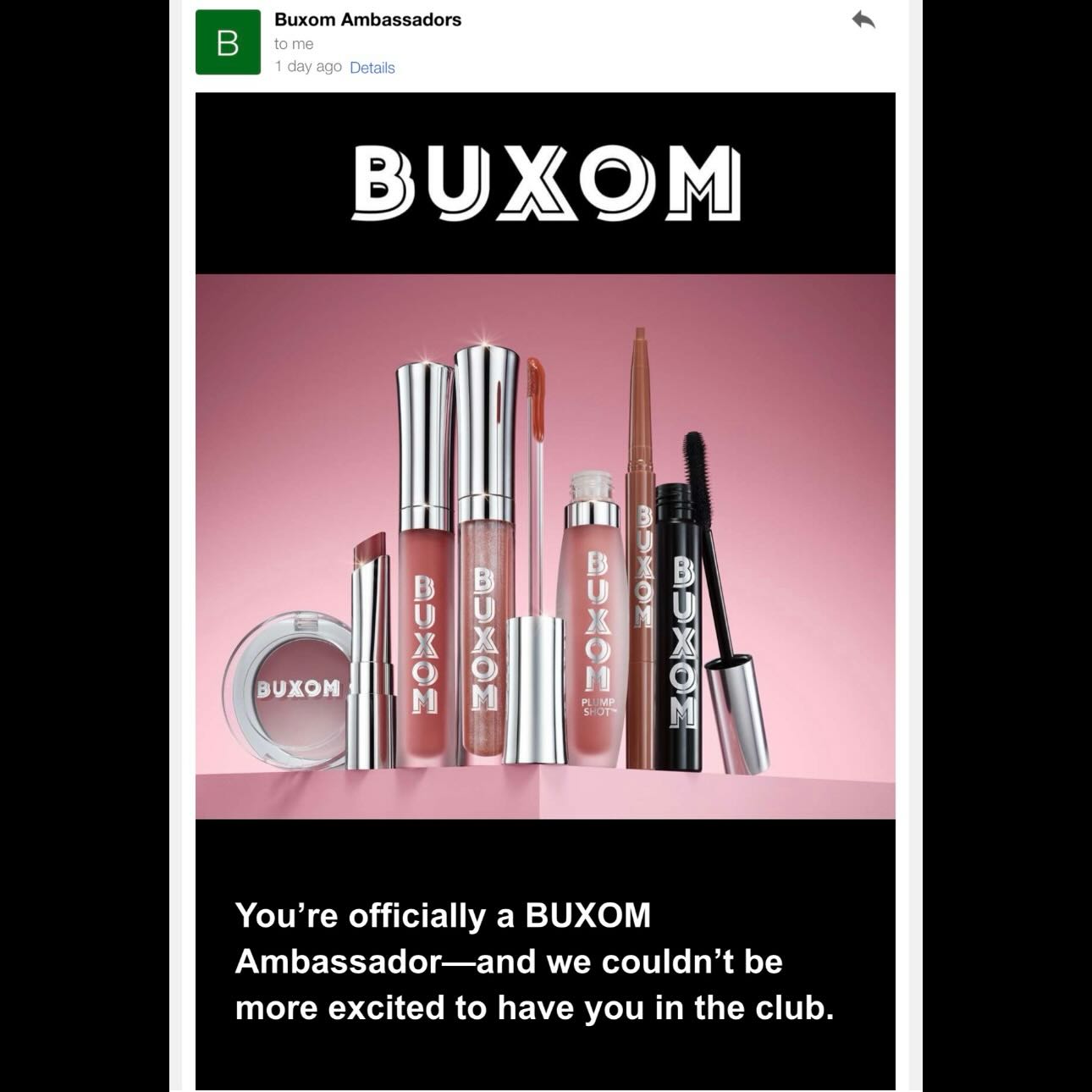 Instagram post by @notoriousbarbie1 for BUXOM Cosmetics. Caption reads: [...] joined the BUXOM Babe club.🤌🏼....