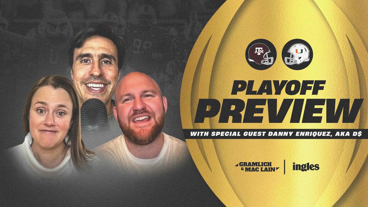 YouTube post by @GramlichandMacLain for SiriusXM. Caption reads: #10 Miami vs. #7 Texas A&M CFP Round 1 Discussion....