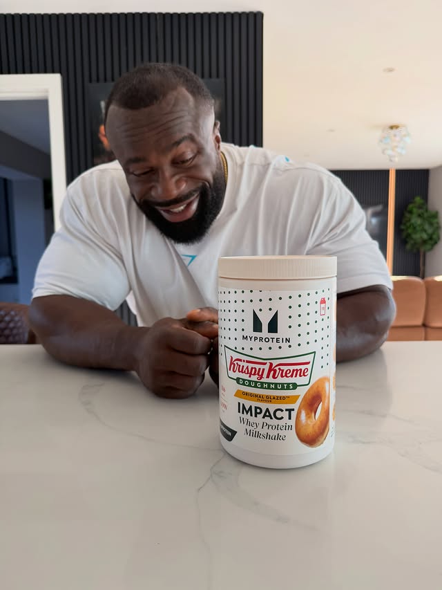 Instagram post by @samson__dauda for Krispy Kreme Doughnuts. Caption reads: All new whey protein from @myprotein and....