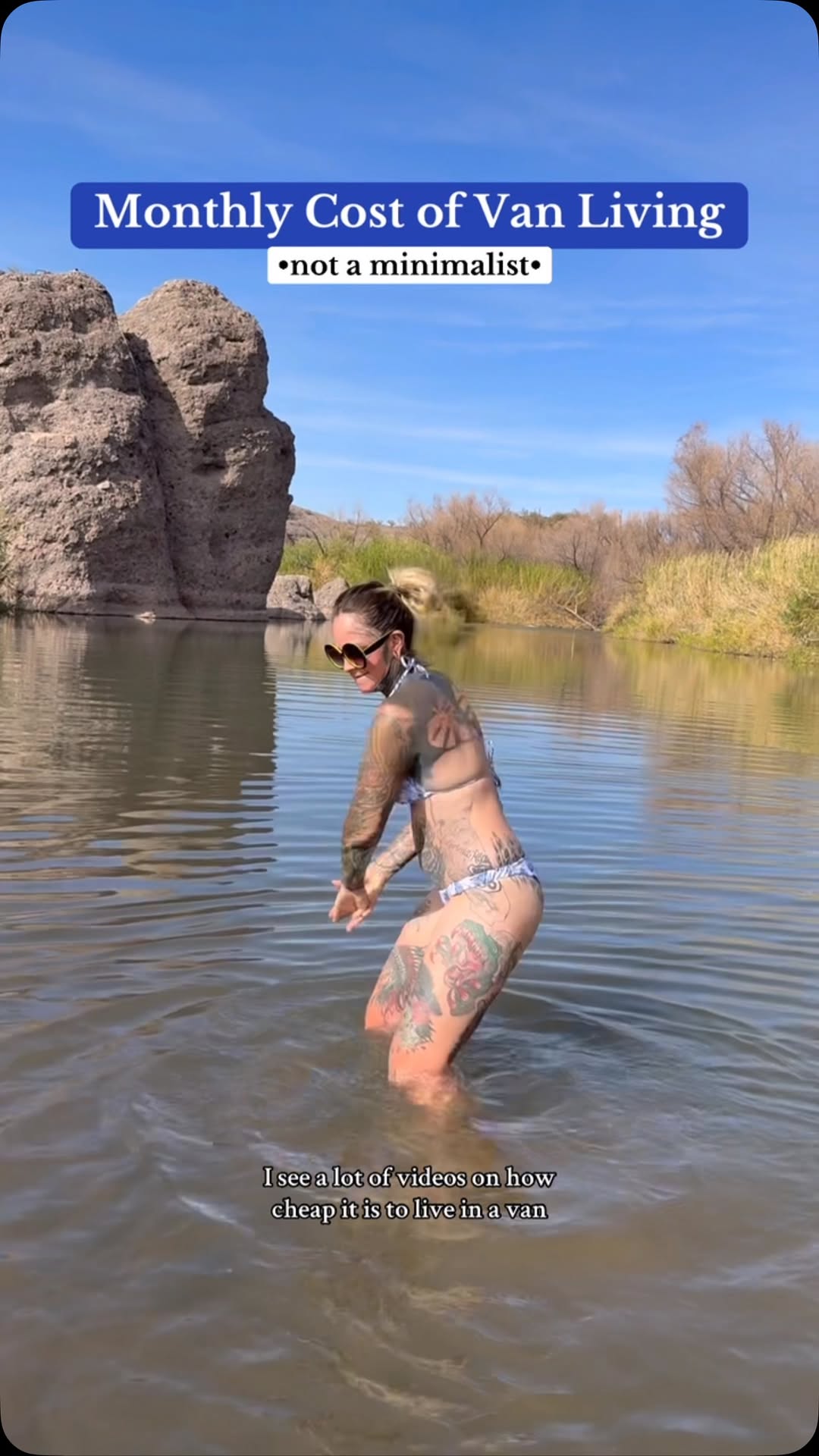 Instagram post by @vero.venturing for BougeRV. Caption reads: ✨You can live as simply as $20 a month, I just....