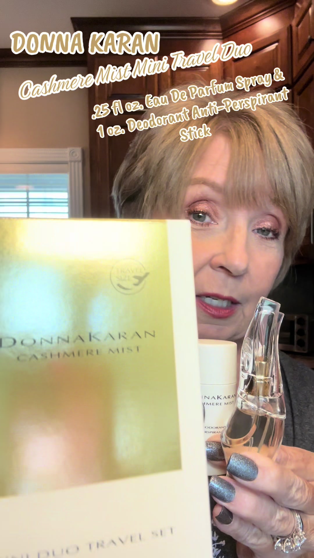 TikTok post by @sandrakword for Donna Karan New York. Caption reads: #eaudeparfum #travelsize #deodorantstick #musttry....