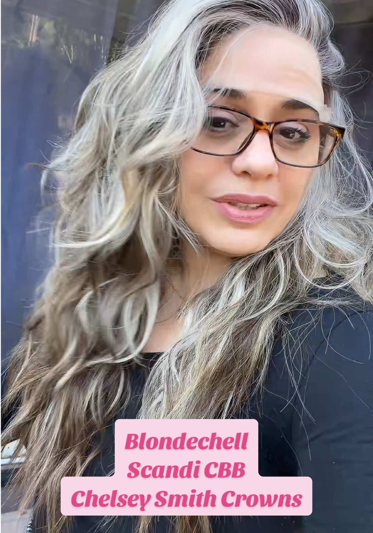 TikTok post by @frankies.life.in.wigs for Chelsey Smith Cosmetics. Caption reads: Blondechell Scandi CBB @Chelsey Smith Crowns My....