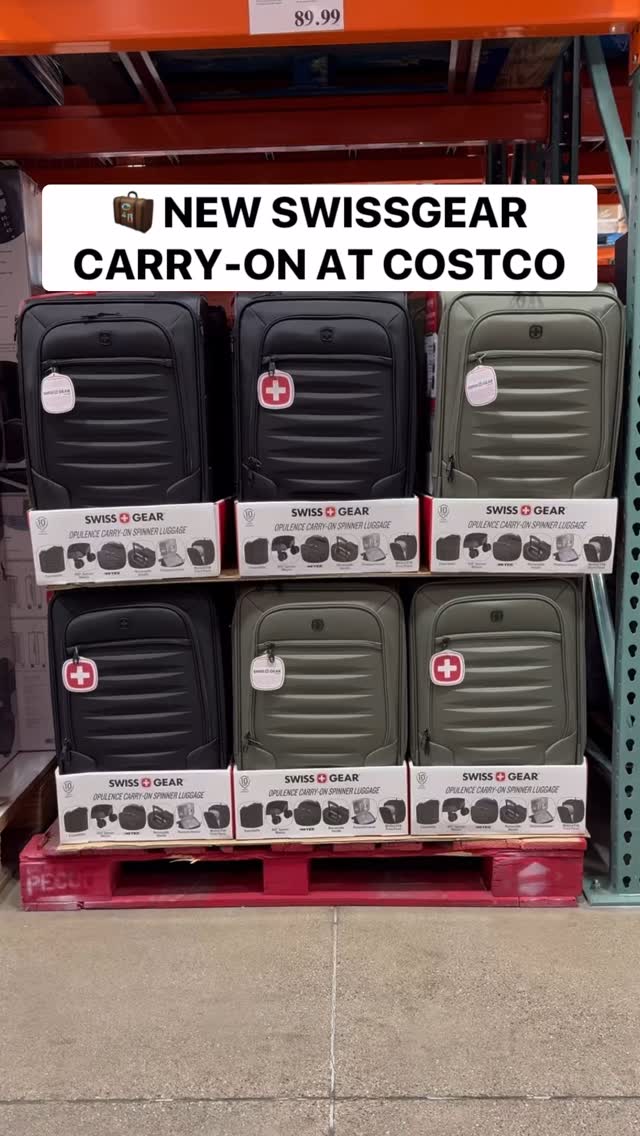 Instagram post by @costcobuys for SWISSGEAR. Caption reads: 🧳 @SWISSGEAR Opulence 21” Expandable Spinner....