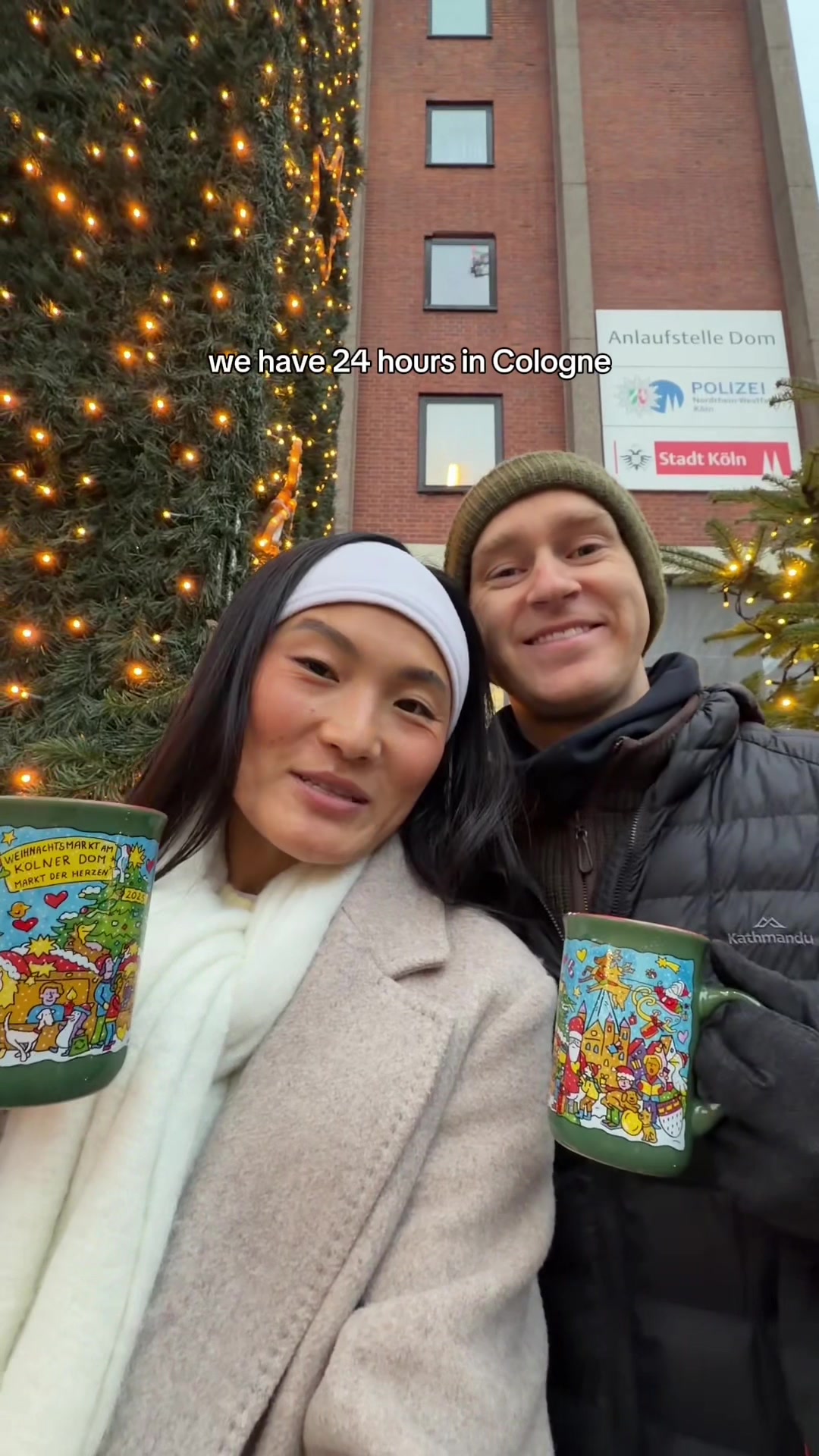 TikTok post by @claireandpeter for Airalo. Caption reads: 24 hours that the cologne Christmas markets:....