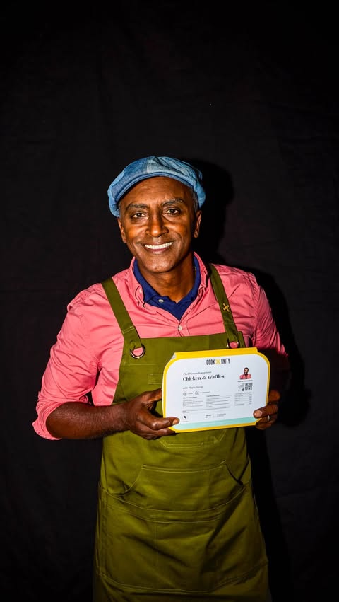 Instagram post by @marcuscooks for CookUnity. Caption reads: @marcuscooks has spent his career chasing flavor,....