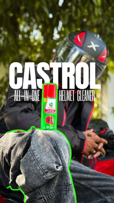 Instagram post by @thekarangade for Castrol. Caption reads: Dirty helmet after every ride? Not the....